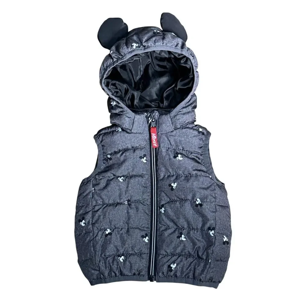H&M Disney Infant Size 6 Months Mickey Mouse Ears Hooded Black Zip Puffer Vest